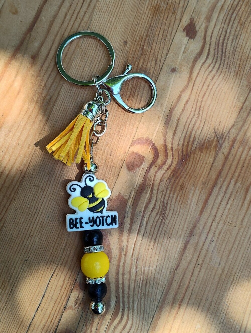 Bee-Yotch Keychain with Yellow and Black Beads & Bee Charm